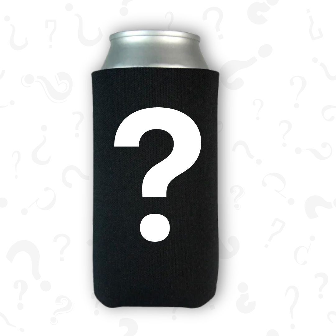 Black 24oz koozie with a question mark design, designed to keep beverages cold. Perfect for outdoor events.