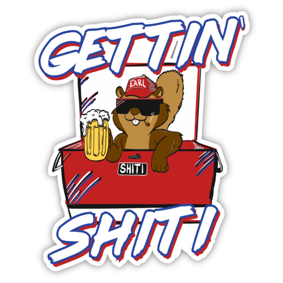 Sticker featuring a cartoon squirrel wearing sunglasses and a cap, holding a beer, with "GETTIN' SHITI" text above it.