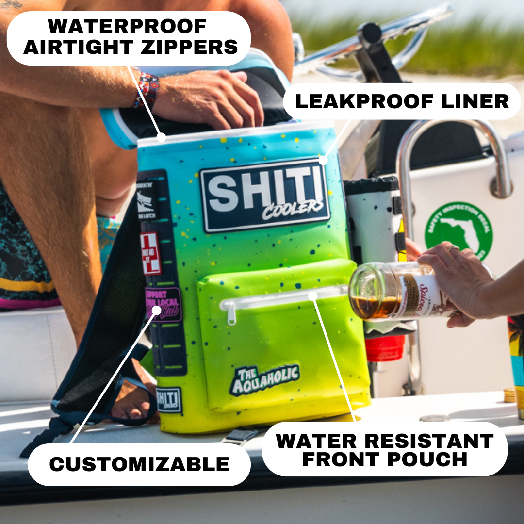 Aquaholic Backpack Cooler with waterproof zippers, leakproof liner, and water-resistant front pouch, ideal for outdoor adventures.