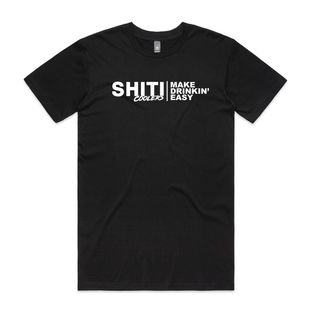 Black t-shirt featuring the text &quot;SHITI Coolers Make Drinkin&#39; Easy&quot; in bold white lettering.