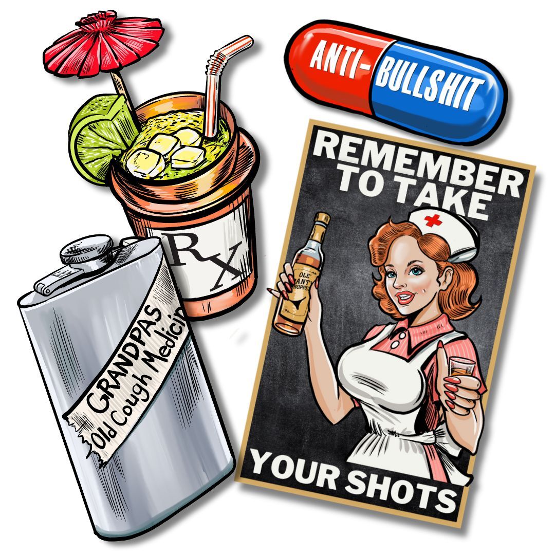 Colorful sticker pack featuring humorous medication reminders, including a nurse, a cocktail, and playful pill designs.