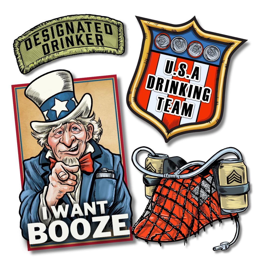 USA Drinking Team sticker pack featuring Uncle Sam, a designated drinker patch, and a beer-themed design.