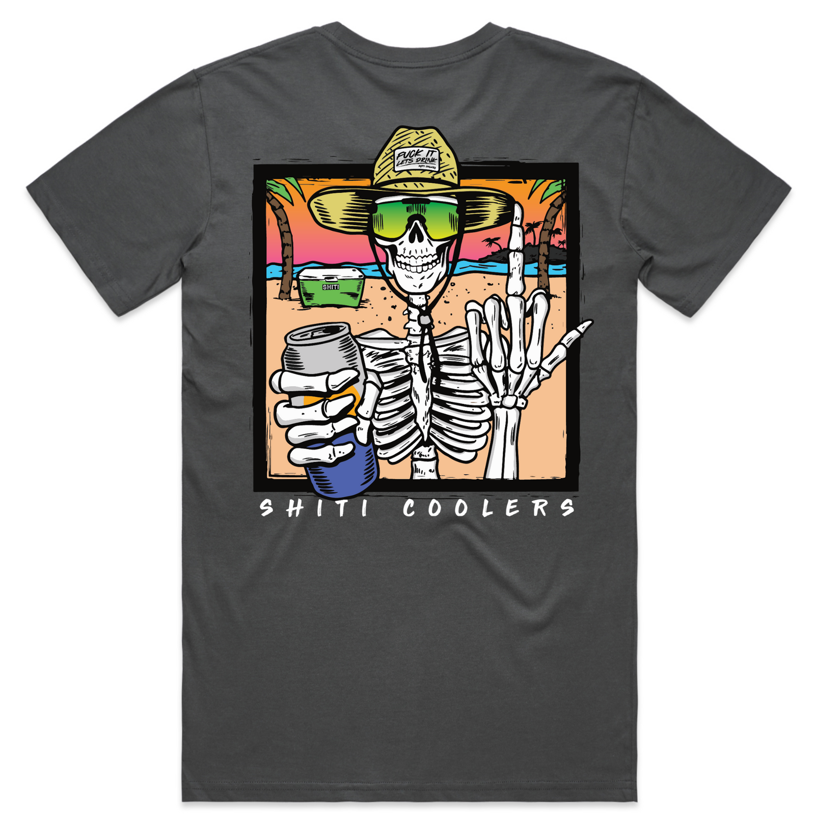 Gray Let's Beach T-Shirt featuring a colorful skeleton graphic holding a drink, set against a beach background.
