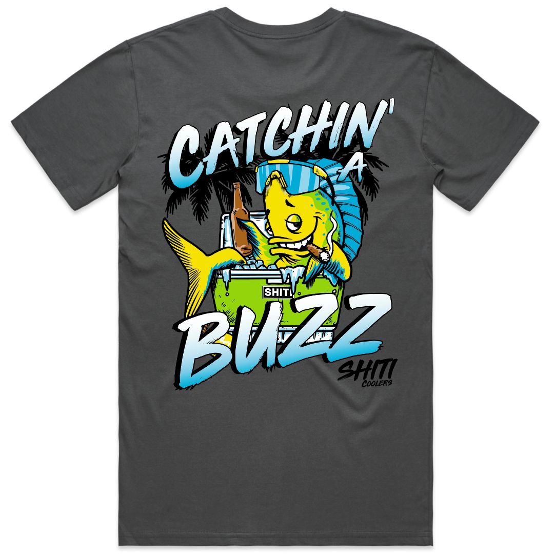 Gray t-shirt featuring a colorful graphic of a fish with a drink, surrounded by palm trees and the text &quot;Catchin&#39; a Buzz.