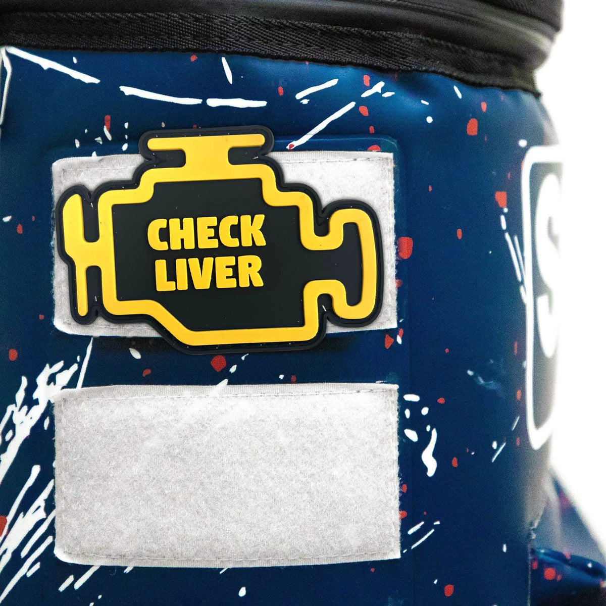 Check Liver Velcro patch featuring a yellow engine icon on a blue background with a paint splatter design.
