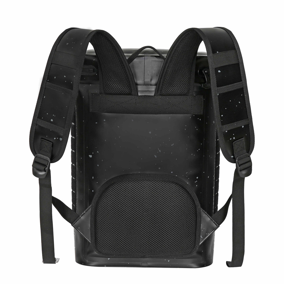 Blackout Backpack Cooler with adjustable straps, designed to hold 15 cans, featuring a sleek black exterior and mesh pocket.