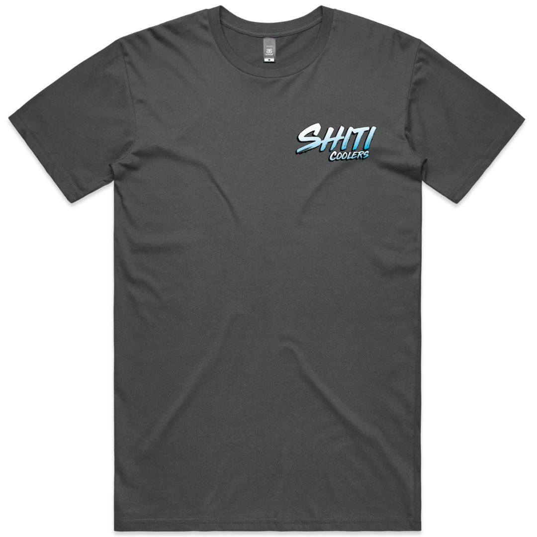 Dark gray t-shirt featuring the text &quot;SHITI Coolers&quot; in blue on the left chest area. Simple and stylish design.