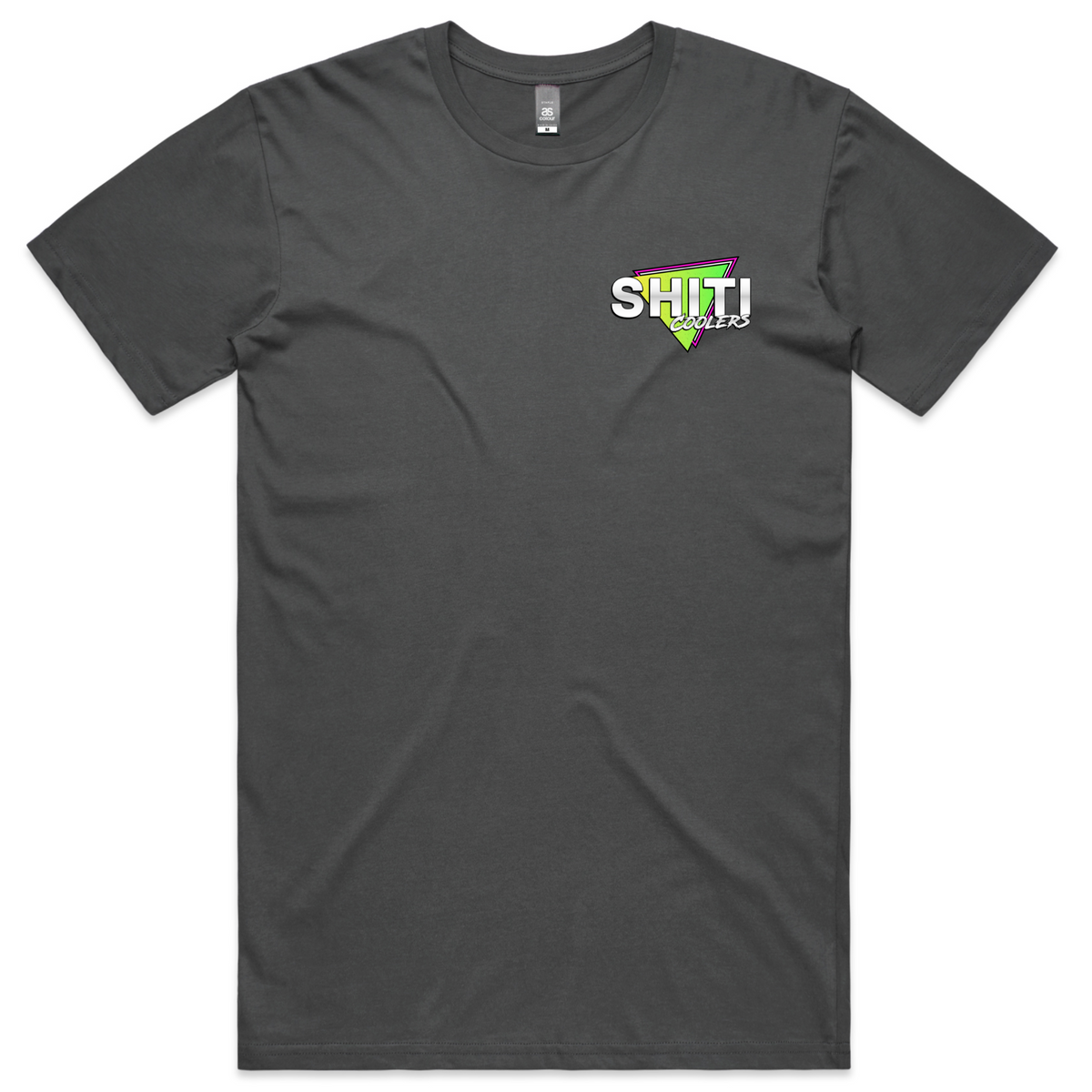 Gray Let&#39;s Beach T-Shirt featuring a colorful SHITI Coolers logo on the left chest area.