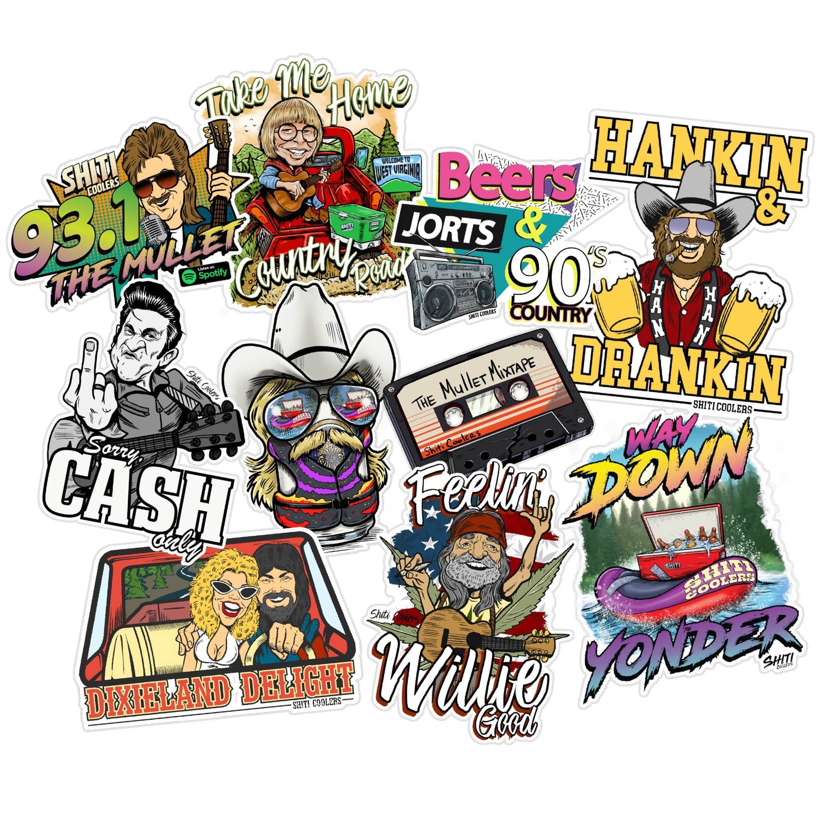 A colorful 10-pack of country music-themed stickers featuring iconic phrases, characters, and imagery related to country culture.