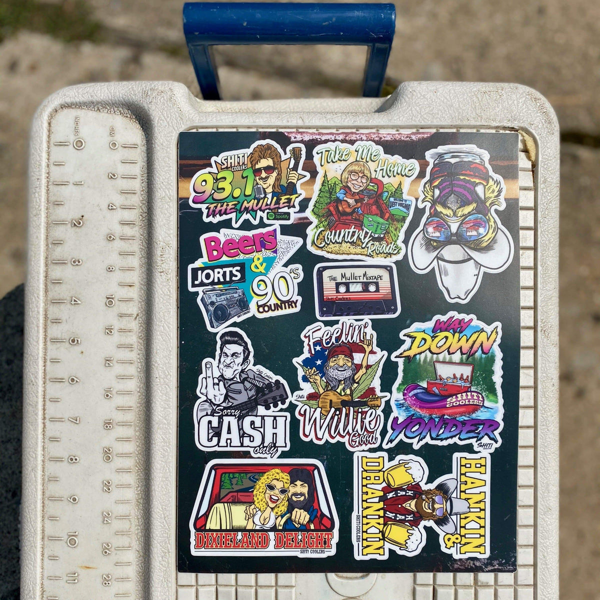 A collection of ten country music-themed stickers featuring various designs, including text and illustrations related to country culture.