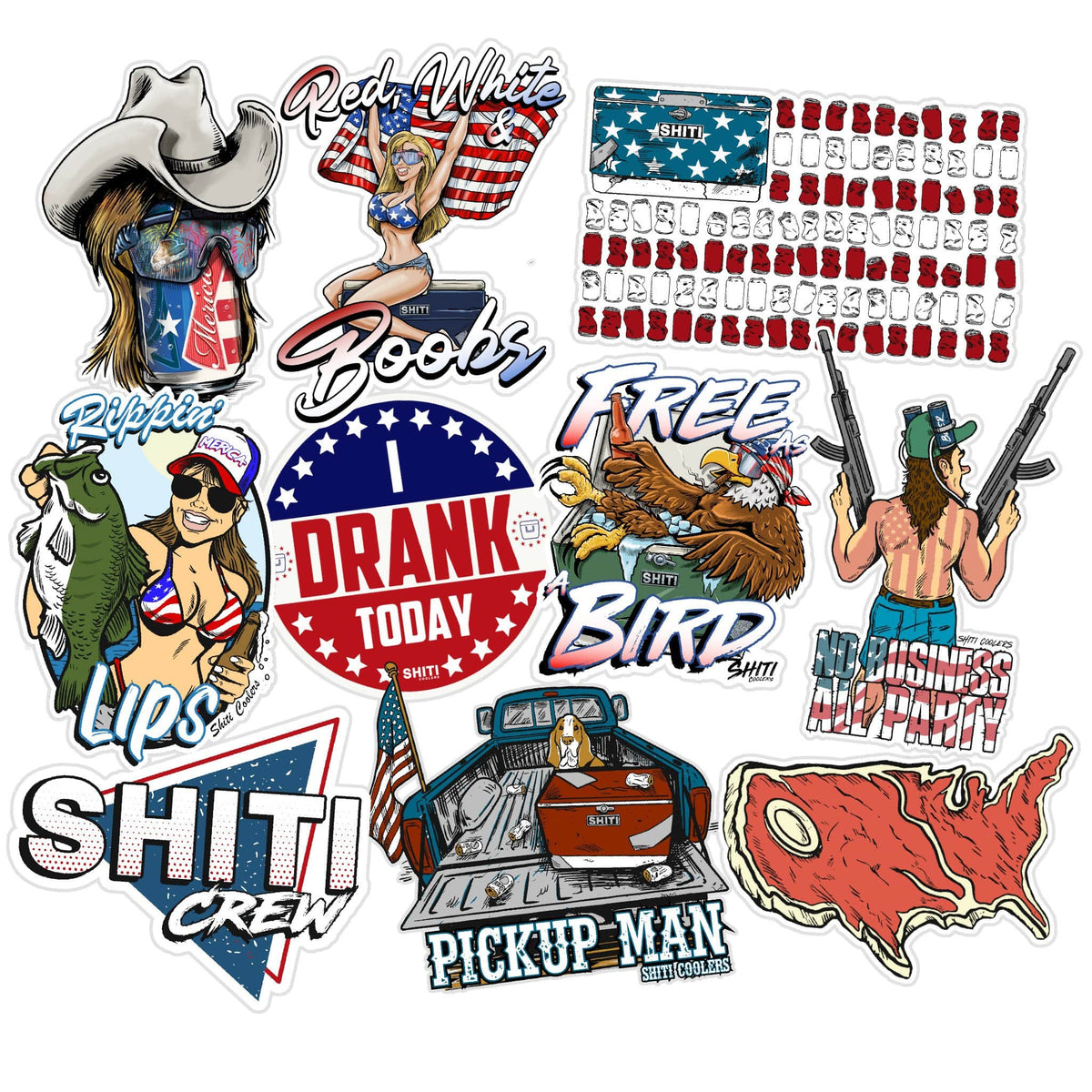 A collection of ten patriotic stickers featuring American themes, including flags, eagles, and playful slogans.