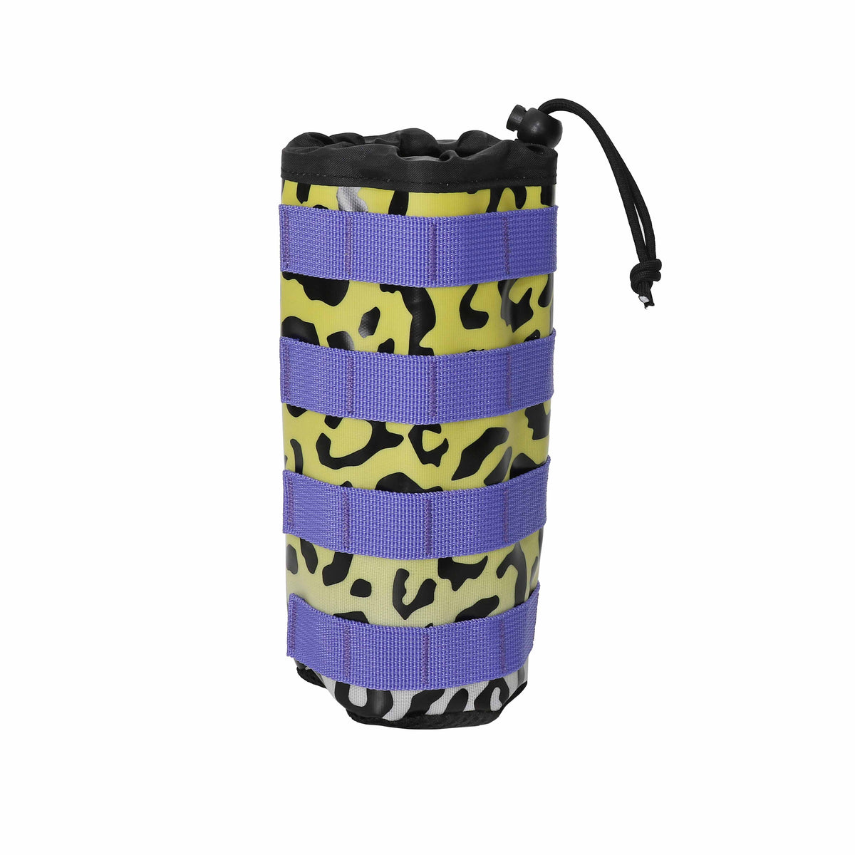 Panty Dropper drink sleeve attachment featuring a vibrant leopard print design with purple straps for secure grip.