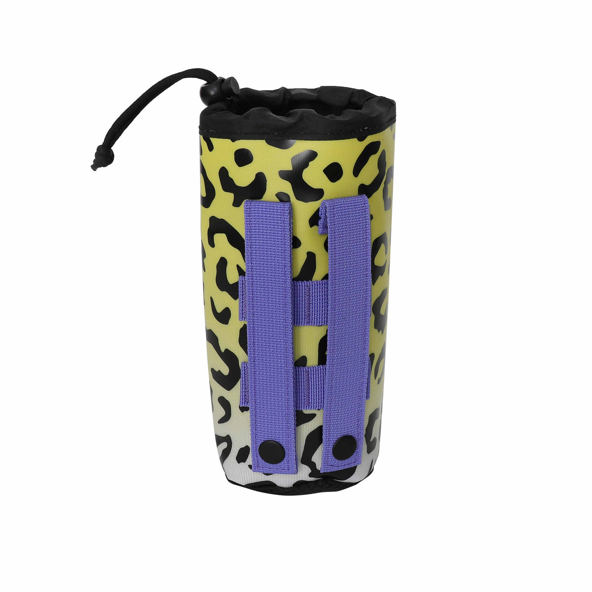 Colorful leopard print drink sleeve attachment with purple straps and a drawstring closure for easy carrying.