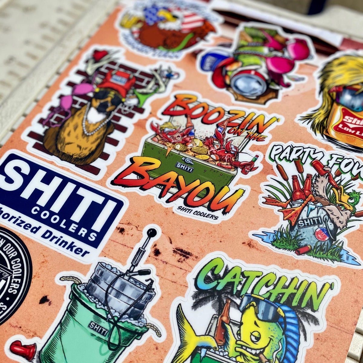 Colorful 10-pack of Party Animal stickers featuring fun designs like animals, drinks, and outdoor themes.