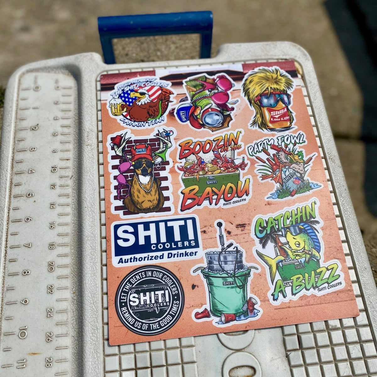 A colorful 10-pack of Party Animal stickers featuring fun designs like drinks, animals, and playful phrases on a cooler.
