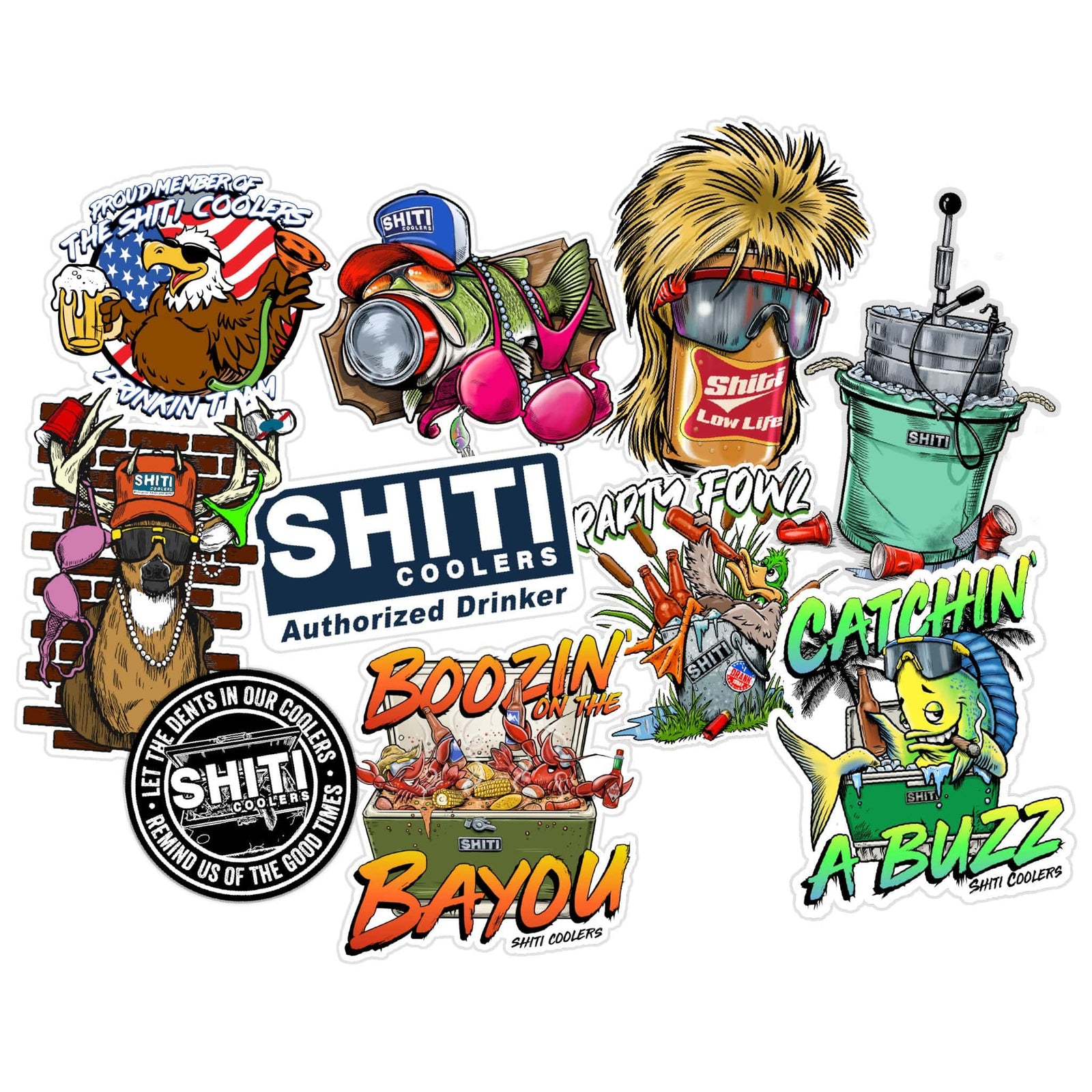 A colorful 10-pack of Party Animal stickers featuring fun designs, including animals, drinks, and playful slogans.