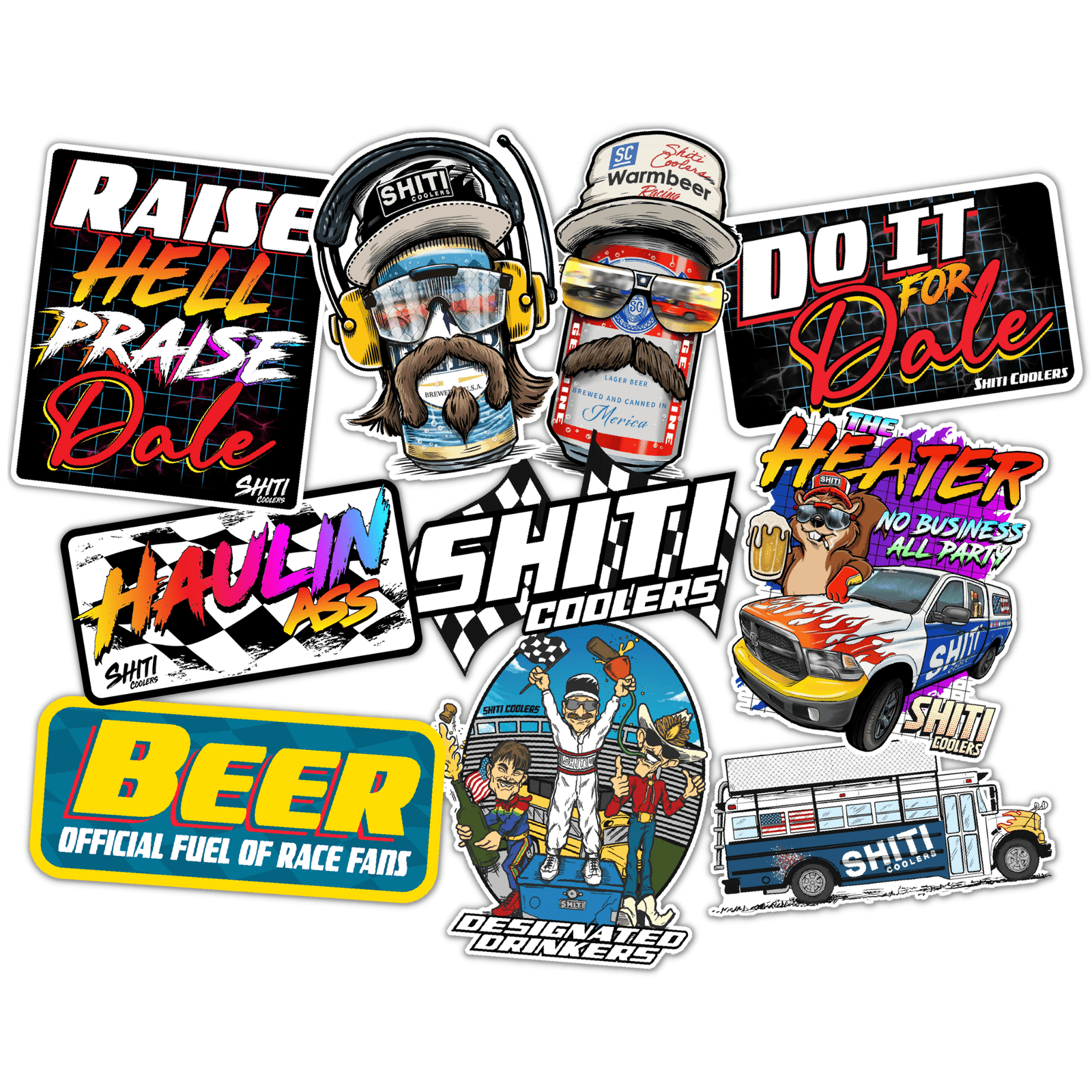 A colorful 10-pack of Haulin' stickers featuring humorous phrases and designs related to racing and beer culture.