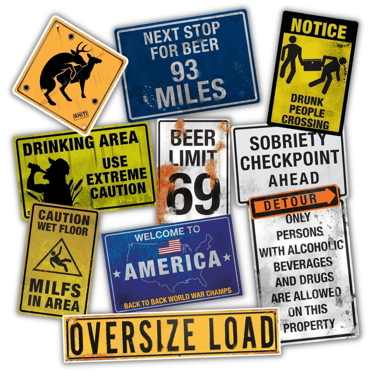 A collection of ten humorous stickers featuring various warning signs, including beer limits and caution messages.