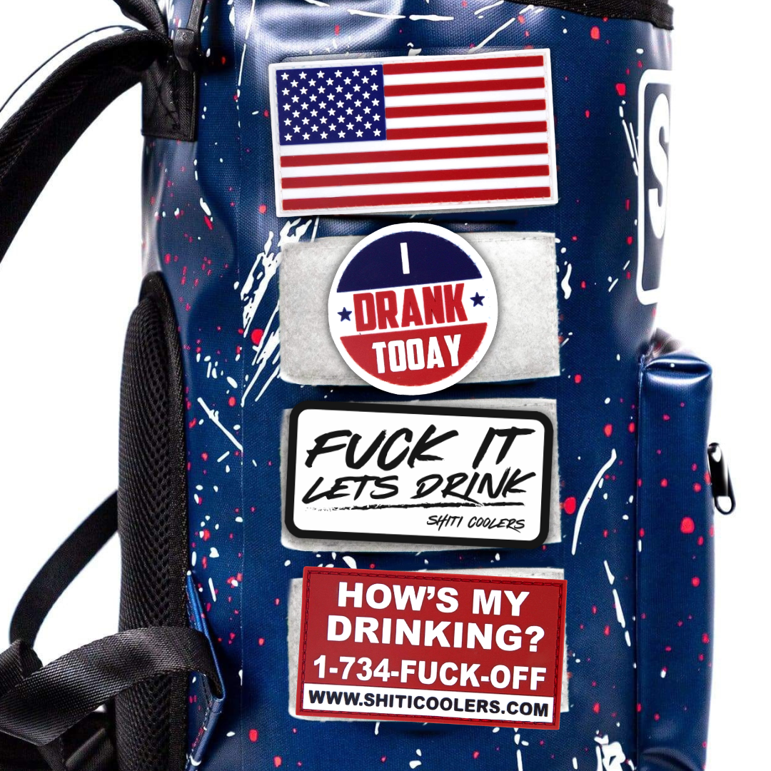 Colorful SHITI Velcro patches displayed on a backpack, featuring humorous drinking slogans and an American flag design.