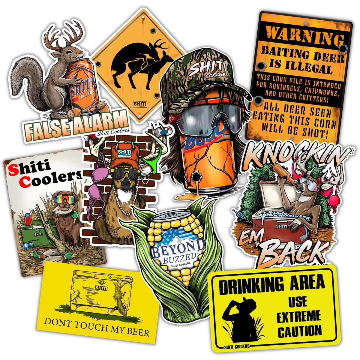 A collection of ten humorous beer-themed stickers featuring animals, warning signs, and playful phrases related to drinking and outdoor activities.