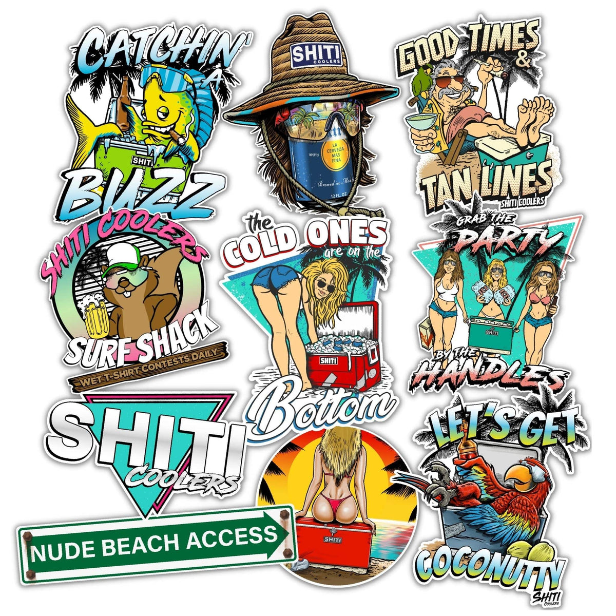 Colorful 10-pack of Beach Bum stickers featuring fun beach-themed designs and playful slogans related to summer activities.