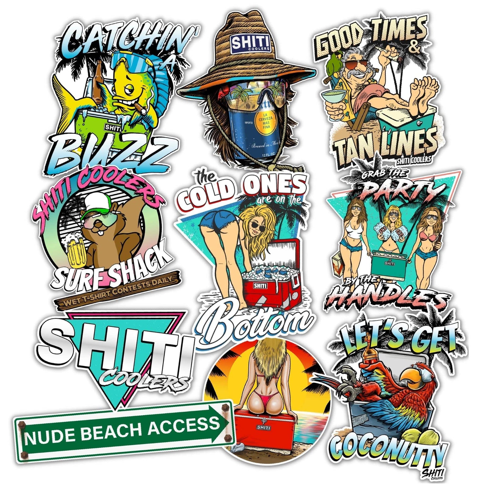 Colorful 10-pack of Beach Bum stickers featuring fun beach-themed designs and playful slogans related to summer activities.