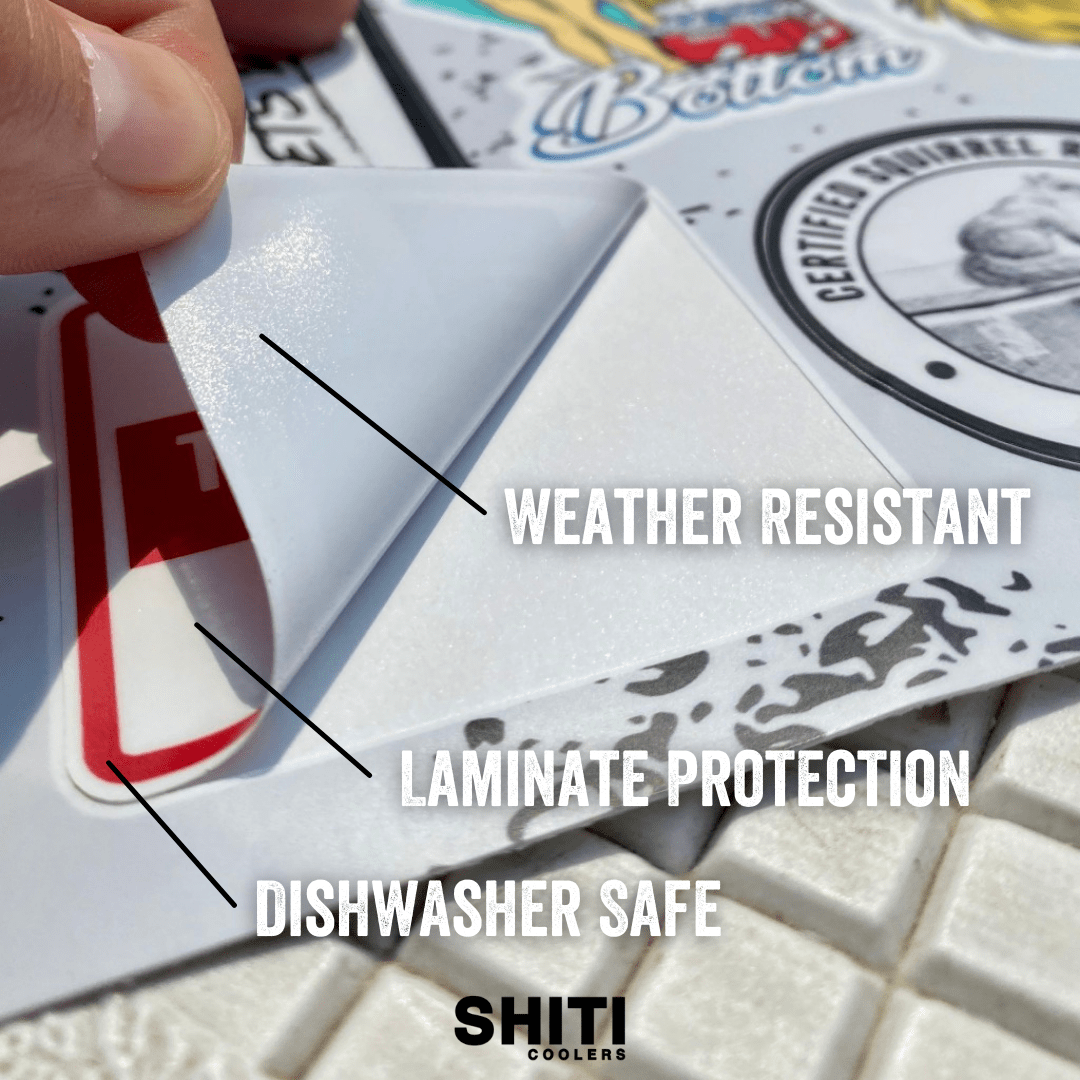 Close-up of a hand peeling a weather-resistant sticker, showcasing laminate protection and dishwasher-safe features.